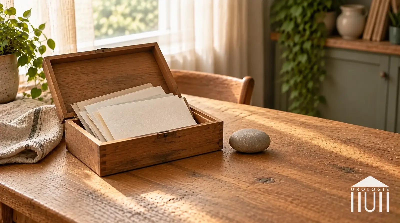 Geöffnete Holzschachtel mit versetzten unbeschrifteten Papierschichten als Sinnbild für das Verstehen eines Gewebebefunds