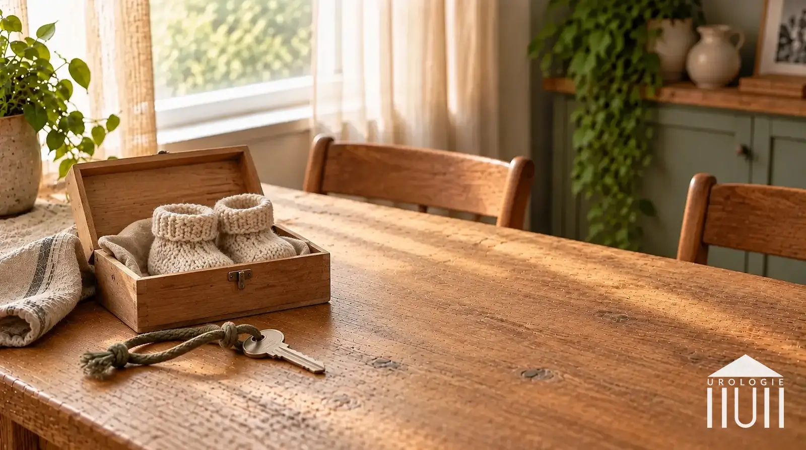 Zwei leere Stühle an einem häuslichen Tisch mit Erinnerungsbox und Hausschlüssel als Bild für eine überlegte Familienentscheidung