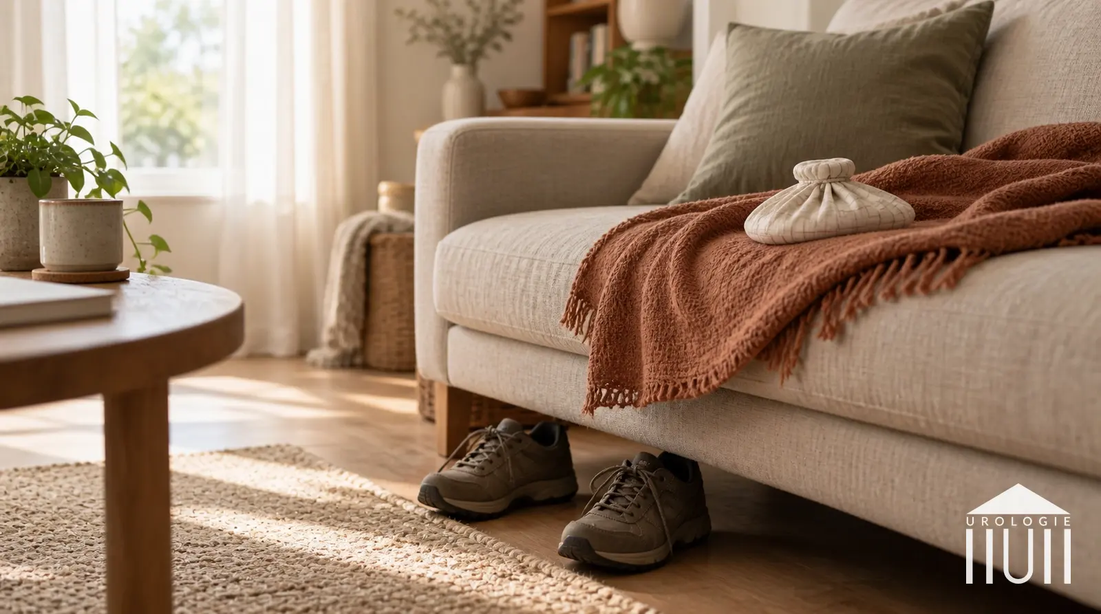 Sofa mit Decke und eingewickelter Kühlkompresse, darunter Schuhe, als Symbol für Schonung nach einem Eingriff.