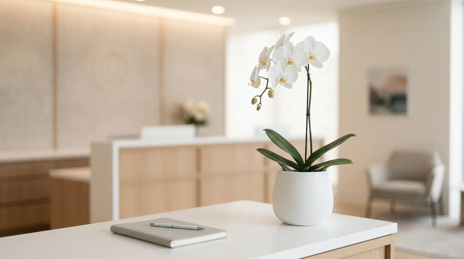 Heller Empfangsbereich mit Orchidee — Urologie am Kurhaus in Wiesbaden